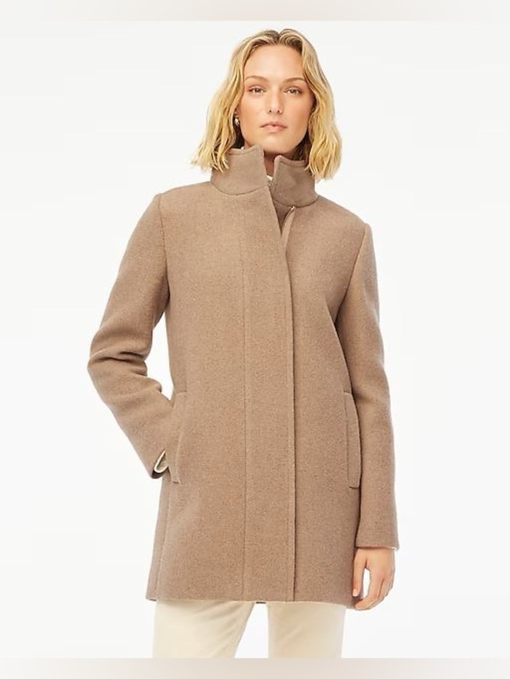 J. Crew City Coat Camel Size 12 Petite Wool-Blend Stand Collar Business Casual